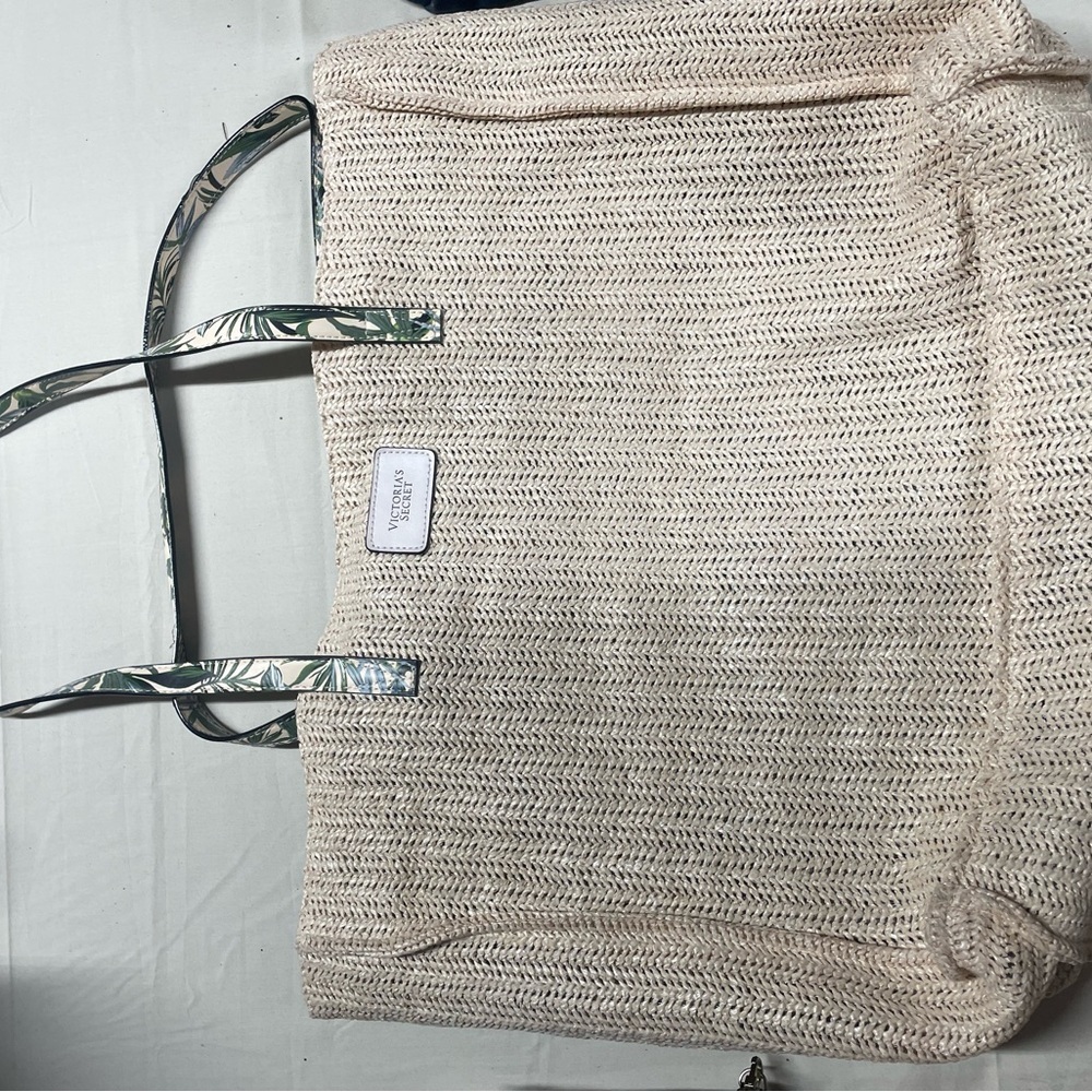 Beige Woven Tote Bag with Leaf Print Straps
